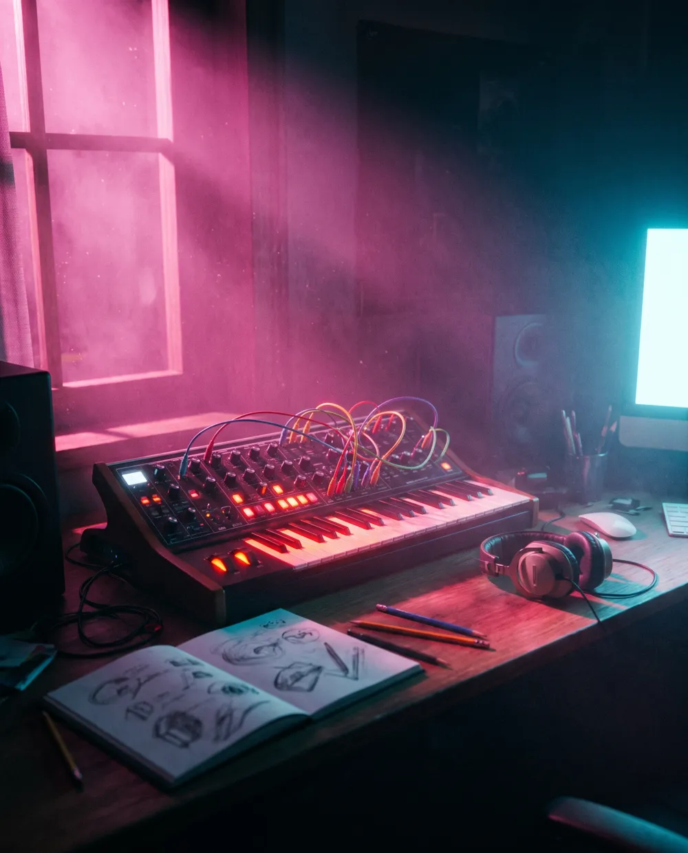 A studio desk at 2am with an analog synthesizer lit by magenta neon and cyan monitor glow