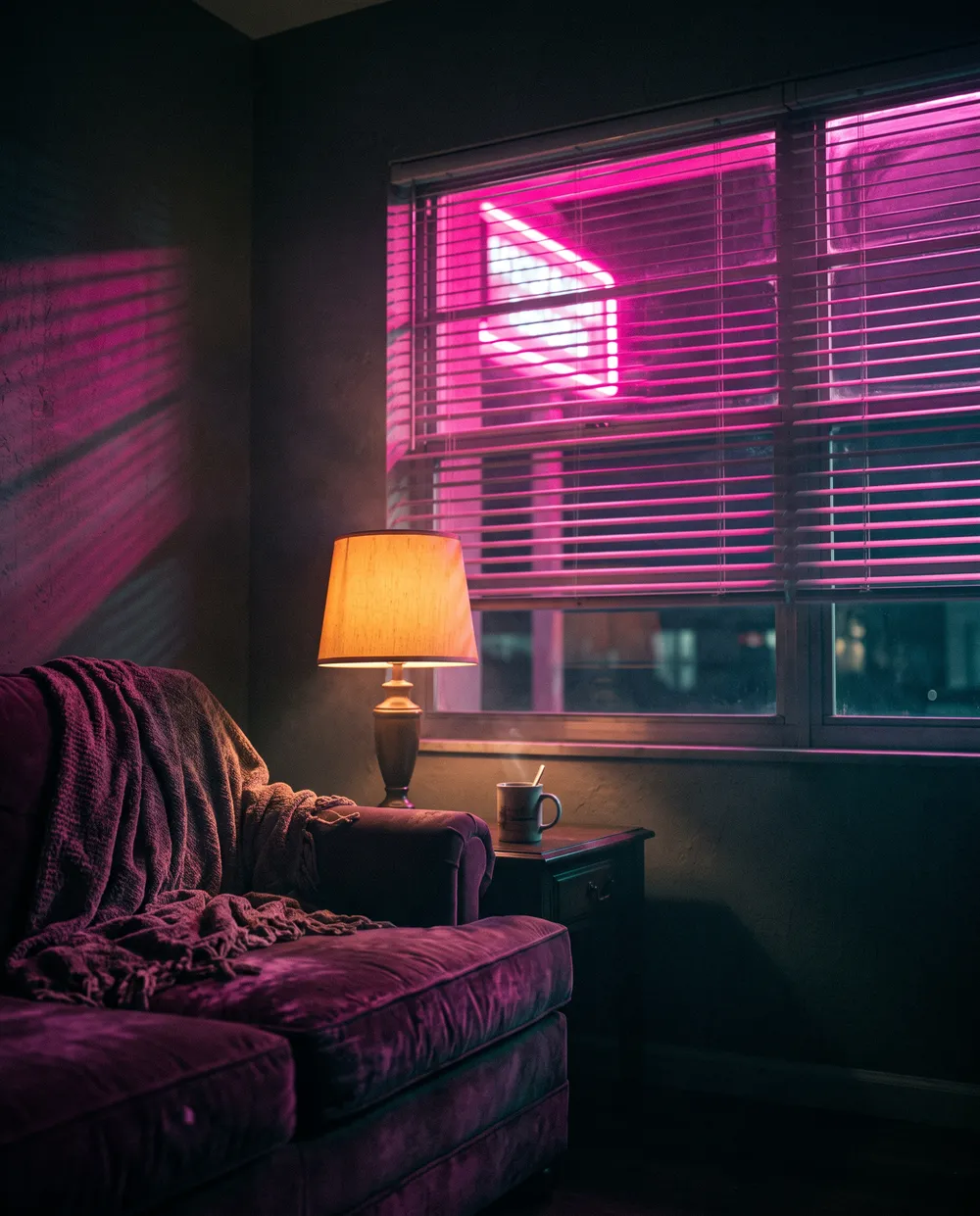 A dim living room at night with magenta neon light from the street falling across the wall through venetian blinds